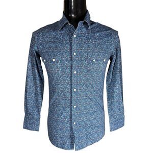 Rock & Roll Denim Blue Red White Floral Western Pearl Snap Shirt Rodeo Cowboy